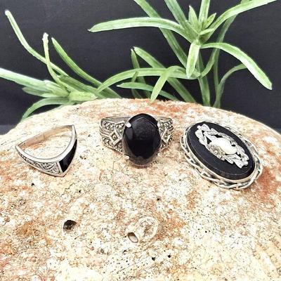 Set of Sterling and Onyx Pieces - Two Rings and a Vintage Brooch/Pin - Ring Sizes 6.5 & 8.5