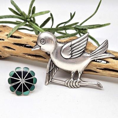 Vintage Zuni Inlay Sterling Ring w/ Black and Green Stones Plus Sterling Silver Bird Brooch 2 1/2