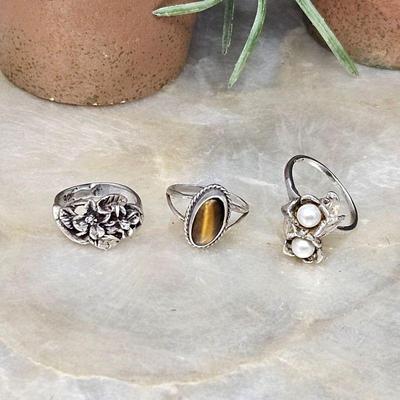 Set of Three Sterling Rings All Size 5 - One with Tiger Quartz and One with Two Pearls - Total Weight 10.9g