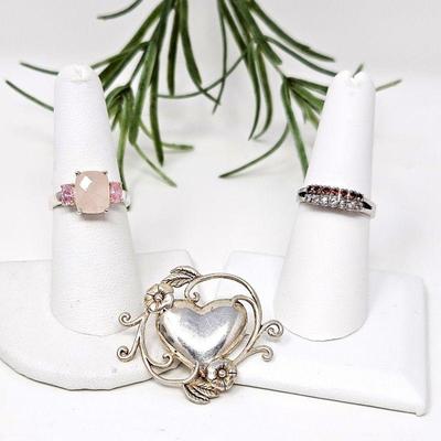  A Romantic Trio of Two Sterling Rings and a Sterling Heart Brooch/Pin - Rings Feature Garnets & Diamonds- Sz 7