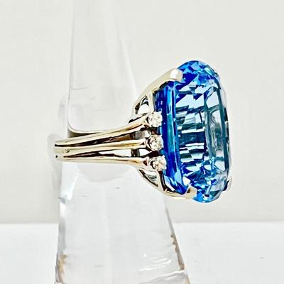 Impressive 14k White Gold Statement Ring w/ Swiss Blue Topaz Gemstone and Diamonds size 5 (17.9g)