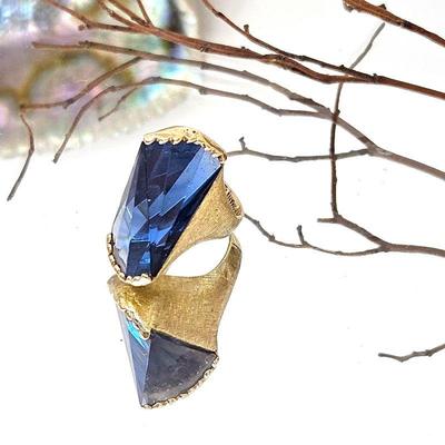 Amazing Hand Crafted 14k Yellow Gold Statement Ring with Florentine Finish & Large Fantasy Cut London Blue Topaz that measures 24mm long...