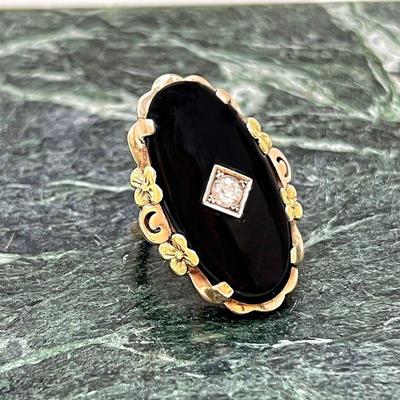 Antique 10k Tri-Gold Statement Ring w/ Large Cabochon Onyx & Round Center Diamond Sz. 4.5
