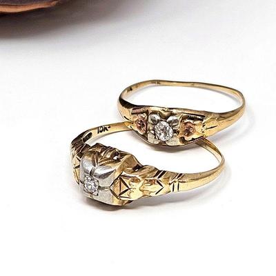 Set of Two Antique 10k Yellow Gold Rings with Small Diamond Center Stone in White Gold To Enhance - 2.4g