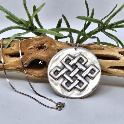 Solid Round Sterling Silver Medallion Pendant w/ Tibetan Eternal Knot - 1 1/2