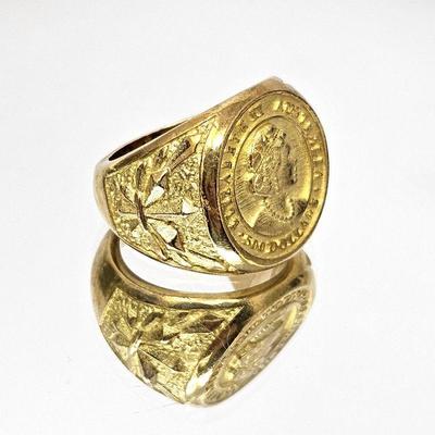 18k GOLD PLATED Heavy Brass Men's Ring - Queen Elizabeth Coin Ring Size 11.5 - Total weight 28.4g