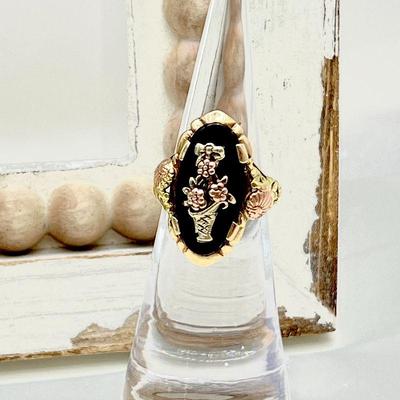 - Unique 1920's Domed Black Onyx Ring in 10k Gold- 
