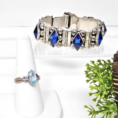 Mexican Sterling Panel Bracelet w/ Pretty Blue Glass Stones Plus Sterling Blue Topaz & Iolite Ring Sz 8