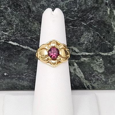 Gold Plated Sterling Ring with Garnet Center Stone - Ring Size 5 - Band Width at Top 13.5mm