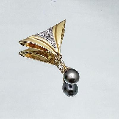  Art Nouveau Style 14k Gold & Diamond Pendant with Tahitian Drop Pear 
