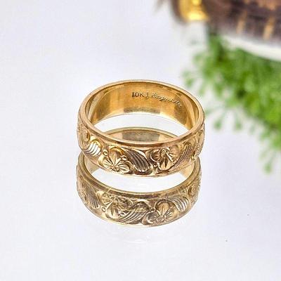 10k Yellow Gold Ornate Carved Band Ring 6mm Wide - Ring Size 6 - Total Weight 4.1g