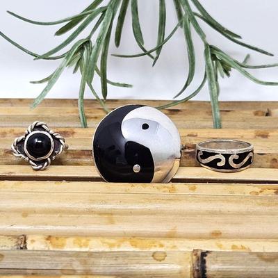 Three Pc Sterling Set - Domed Yin Yang Sterling Brooch/Pendant Plus Two Sterling & Onyx Rings sizes 7 & 8.5