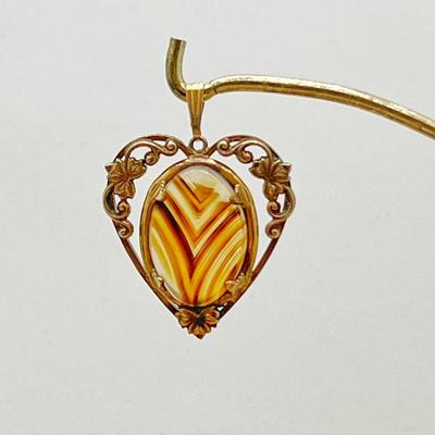 Art Deco Ostby Barton Treasure- Heart Shaped Pendant with Agate Cabochon Center- Read More!