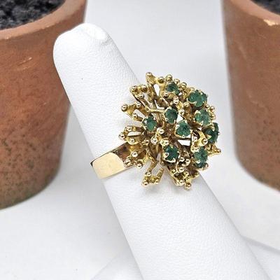 Vintage 14k Yellow Gold Women's Emerald Ring Size 5.5 in a Unique Tall Tree-Like Design (One Emerald Missing) 6.1g