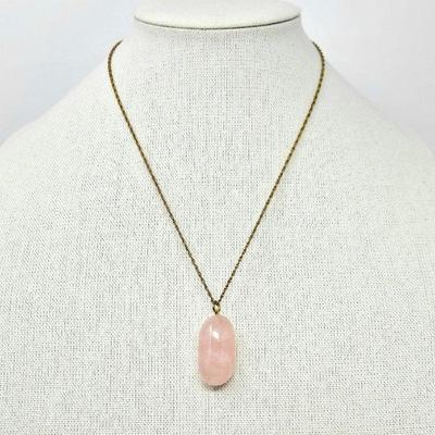 Large Polished Pink Quartz Pendant on 14k Gold Plated Necklace - Pendant is 1.25