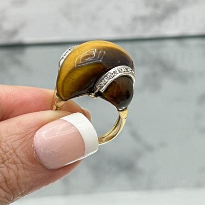 Extraordinary 1970's Cocktail Ring in Solid 14K Gold w/ Large Tigers Eye and Diamond Gemstones-Sz. 8- w/ Earrings