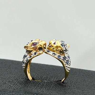  Vintage Panther Ring w/ Ruby Eyes, Diamonds, and Sapphires in 14k Gold- sz 5 - (5.2g)