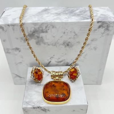 Earring and Pendant Set w/ Amber and14K Gold over Sterling Silver- 3pc. Set