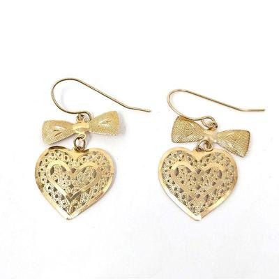 Pair of Delicate 14k Yellow Gold Earrings - Little Filigree Hearts with a Bow - 1.4g