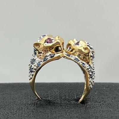 Vintage Panther Ring w/ Ruby Eyes, Diamonds, and Sapphires in 14k Gold- sz 5 - (5.2g)