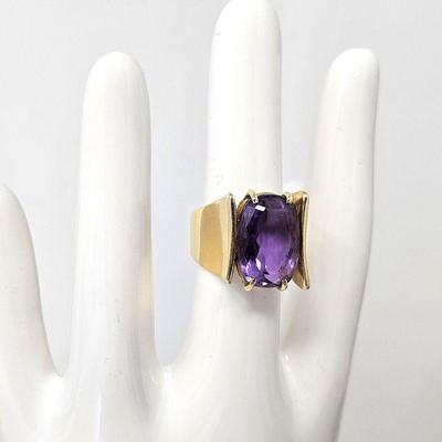 Stunning 14k Yellow Gold Statement Ring with Large Amethyst (18.4mm x 12.1mm) Ring Size 8 - tw 15.4g