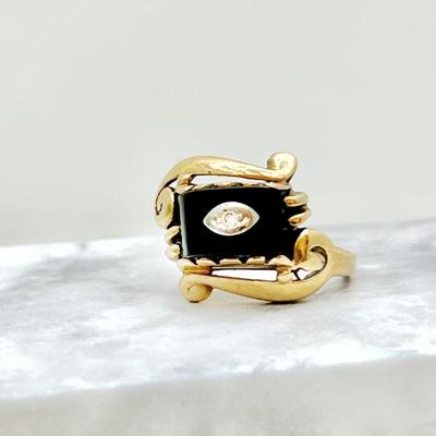 - Unique 1920's Domed Black Onyx Ring in 10k Gold- Small Eye Shaped Center w/ Diamond Sz. 5