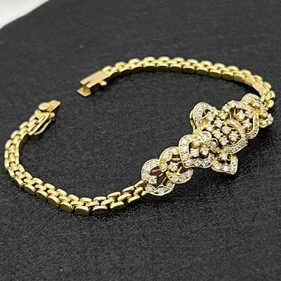  Solid 14K Yellow Gold and Diamond Bracelet with Safety Clasp -7