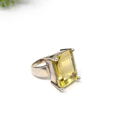  Large Citrine Statement Ring in Solid Sterling - Size 7 3/4 - Baguette Faceted Gem is 18.7mm x 14.5mm