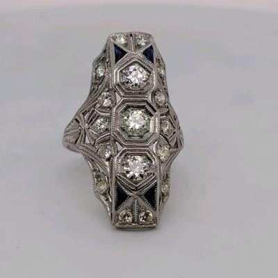 2.16 Carat Diamond and Sapphire Art Deco Ring set in Platinum (size 5.75)