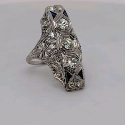 2.16 Carat Diamond and Sapphire Art Deco Ring set in Platinum (size 5.75)