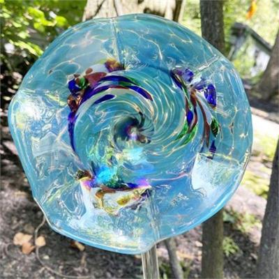 Lot 503  
Art Glass Hand Blown Flower Garden Decor, Teal Blue Swirl