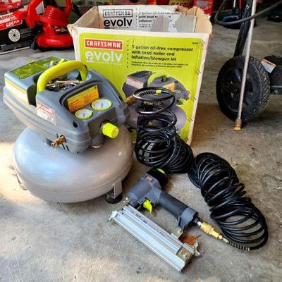 Lot 121 - Craftsman Evolv 3-Gallon Pancake Air Compressor with Brad Nailer