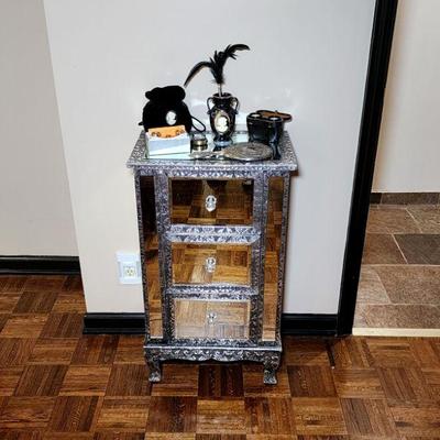 Lot 76 - Mirrored Silver Nightstand + Decor 