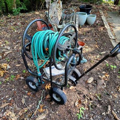 Lot 129 - Garden Bench, Pots, & Hose Reel Cart 
