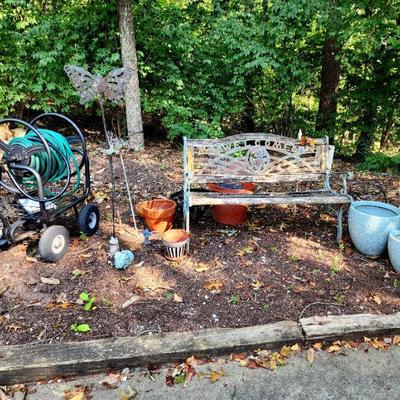 Lot 129 - Garden Bench, Pots, & Hose Reel Cart 