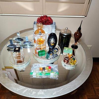 Lot 75 - Round Mirror Top Side Table + Vanity Items 