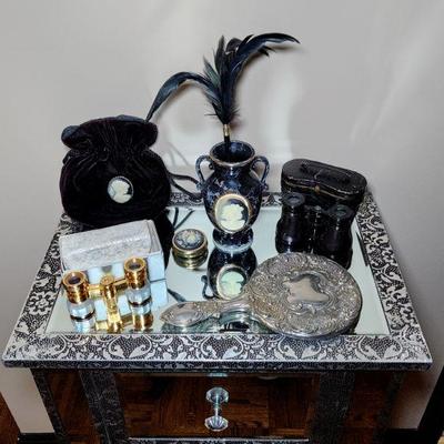 Lot 76 - Mirrored Silver Nightstand + Decor 