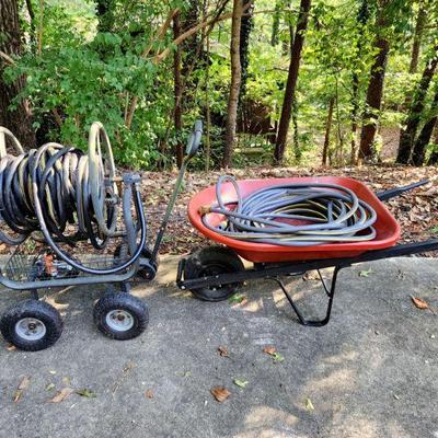 Lot 128 - Hose Reel Cart + Wheelbarrow 