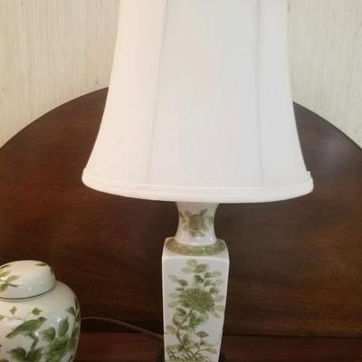 Vintage porcelain table lamp decorated with green florals & bird/fabric shade