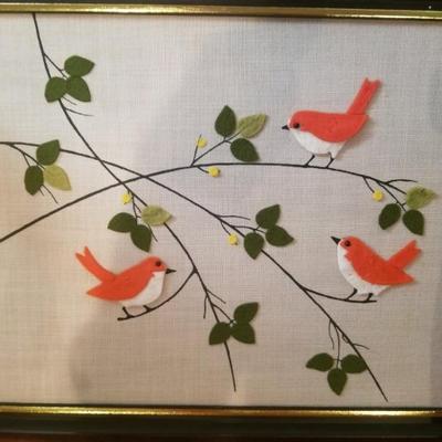 Framed  mixed media picture of birds - fabric, ink & yarn