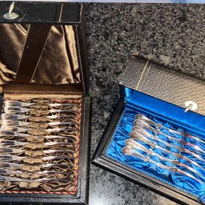 Blue box 6 pieces 1930s-1940s Silver Plate Nut Picks 