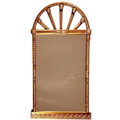 ORNATE WOOD CARVED MIRROR | late 19th/ early 20th century, wooden framed mirror with spiraled column sides and a spoked arch top, egg and...