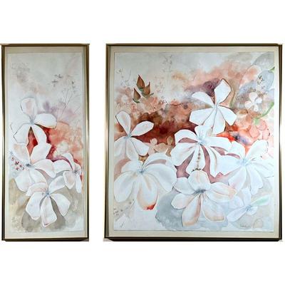 (2PC) FLORAL WATER COLORS | Signed Andrea Ruoff 16 x 36 in., (smaller) - l. 33 x h. 36 in (largest frame) 