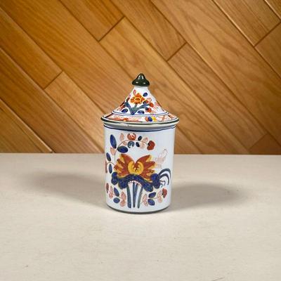 HAND PAINTED LIDDED TIFFANY CO. JAR | Lidded Tiffany jar, hand painted in Italy, signed on bottom. - h. 5.5 x dia. 2.75 in 