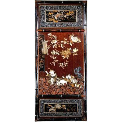 CARVED AND LACQUERED APPLIQUÉ PANEL | late 19th/ early 20th century, Intricately carved and lacquered panel showing figures in an...