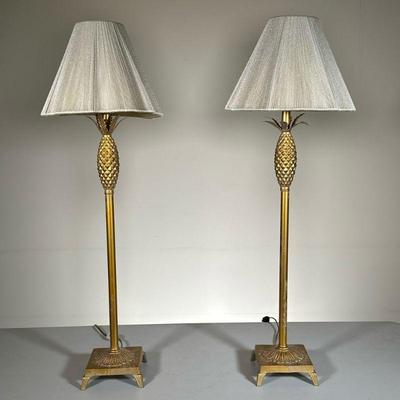 (2PC) PAIR GILT PINAPPLE TALL LAMPS | Tall metal lamps with pineapple design and string lampshades. - h. 32.5 x dia. 11.5 in 