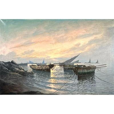 20TH CENTURY HARBORSCAPE PAINTING | â€œHarbor at dawnâ€ Oil on canvas 24in x 36in Showing rowboats tied off and sailboats with their...