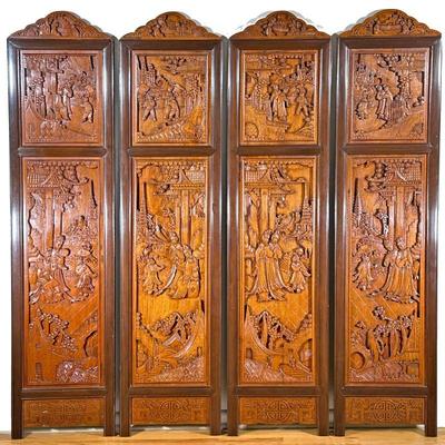 CHINESE CARVED FOUR-PANEL SCREEN | Includes 4 panels highly detailed Chinese wood carvings depicting various palatial scenes. - l. 18 x...