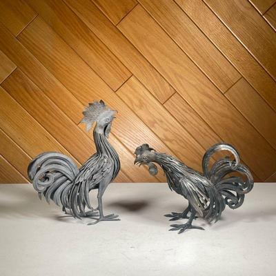 (2PC) PAIR OF WROUGHT IRON COCKS | Two metal formed decorative chickens One signed Leonardi - Italy. - l. 10.5 x w. 4.5 x h. 11.5 in 