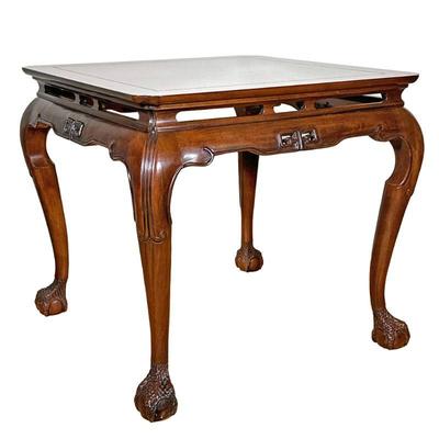 DREXEL HERITAGE CHINESE STYLE SQUARE SIDE TABLE | Square figured wood top, sculpted fretwork apron, cabriole legs ball and claw feet. -...